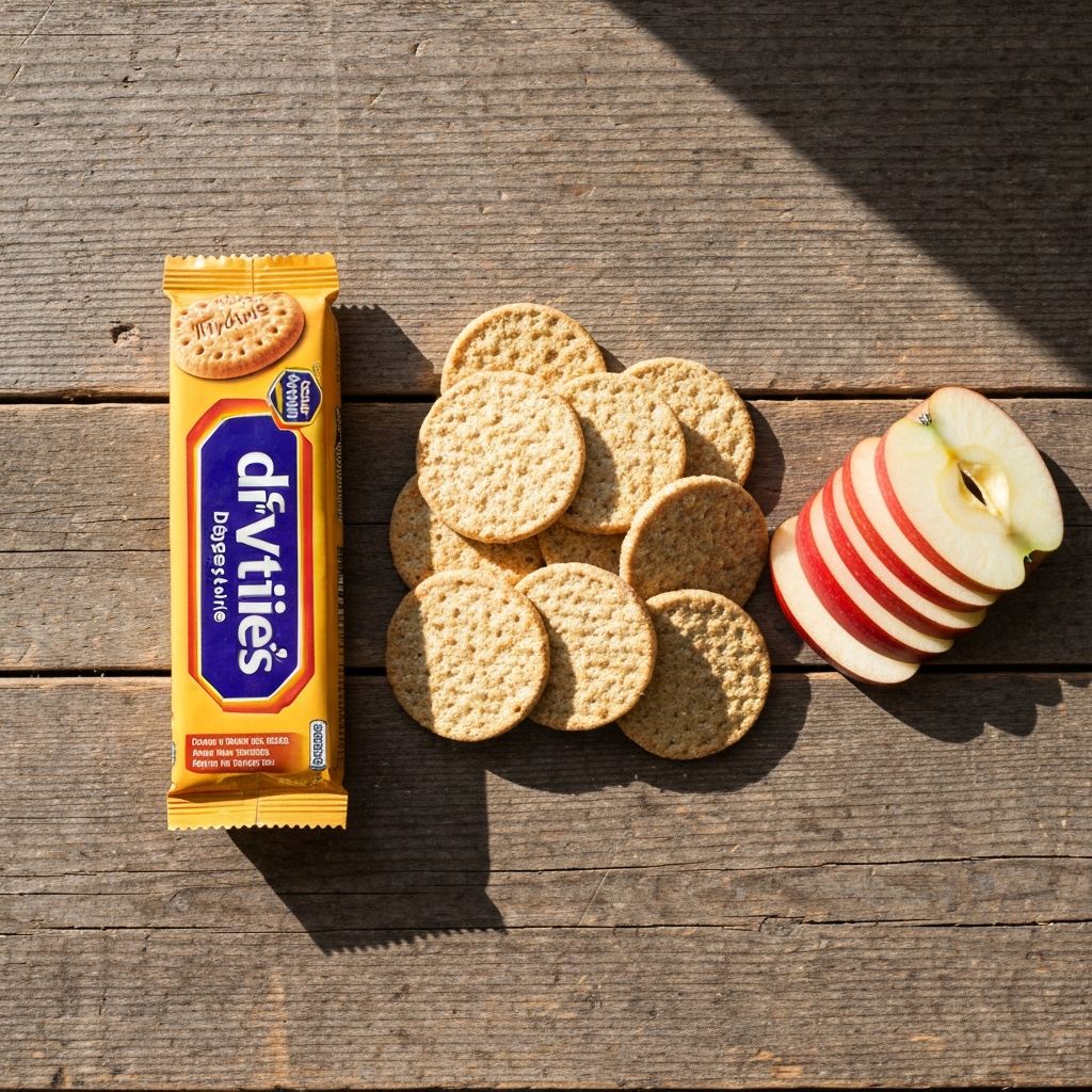 McVitie's digestive biscuits beside oatcakes and sliced apples