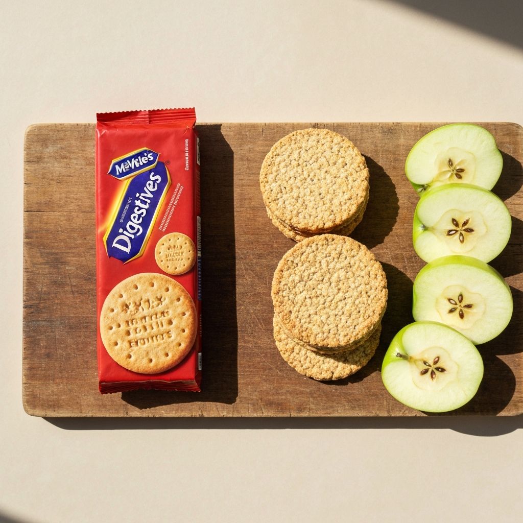 McVitie's digestive biscuits beside oatcakes and sliced apples