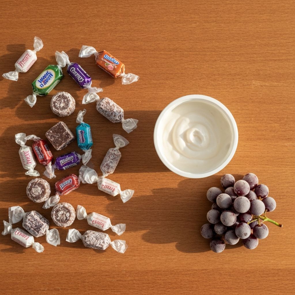 Wrapped sweets beside natural yoghurt pot and frozen grapes