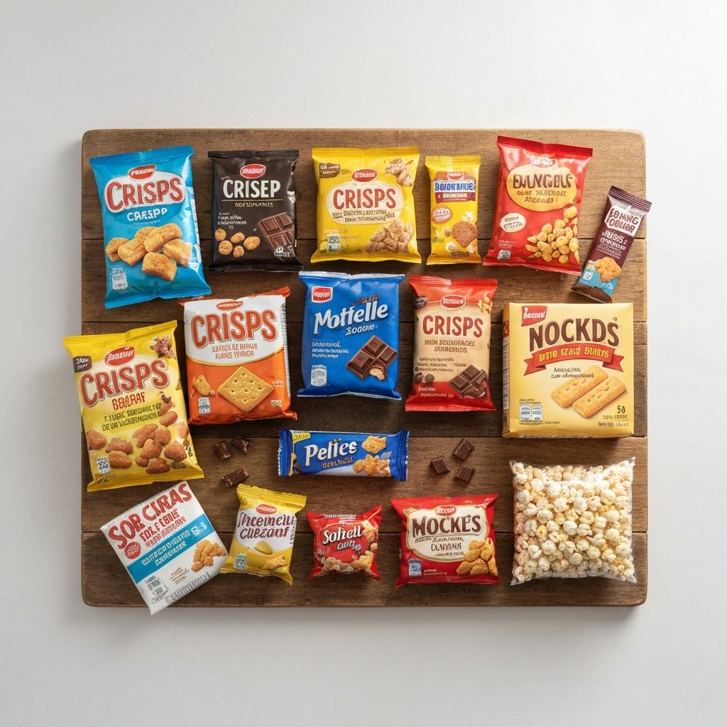 Various UK packaged snacks with different energy densities arranged on wooden board