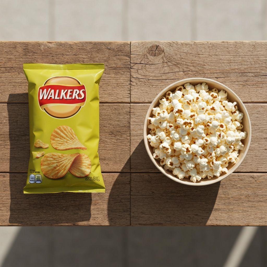 Flat-lay comparison of Walkers crisps and plain popcorn
