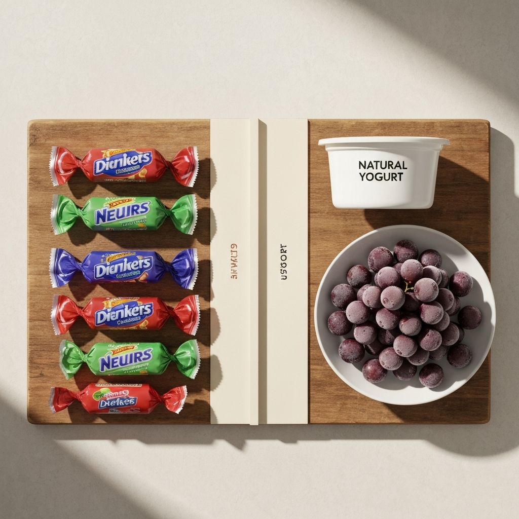 Wrapped sweets beside natural yoghurt pot and frozen purple grapes